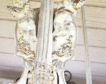 SALE , Embellished painted violin, and bow adorned with cherubs,  Rhinestones . Great for wall hanging. Wall decor.