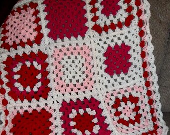 New, Crochet small afghan, Crochet Granny Square, red, pink, hot pink, great foe nursing homes, nurseries, and gifts.