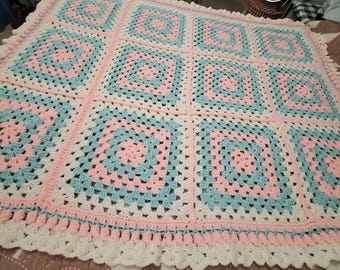 Crochet Ahghan 42 in.X 55 in.   Handmade. Pink and Mint. Shabby chic