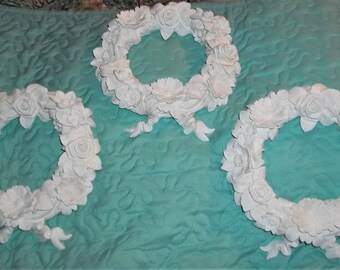 Resin rose wreath,vintage, chalk painted white, wall hanging,furniture applique