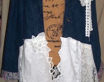 SALE...Boho duster,tattered, Alfred Dunner, Size 18,Gypsy, hippy, Stevie Nicks style, denim jacket