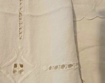 Three Vintage table cloths. 32X34. White table cloth. Scalloped edges