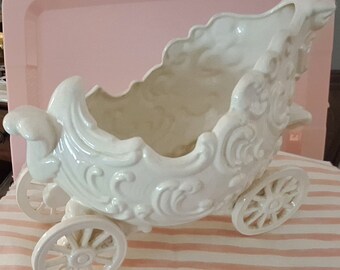 Vintage Ceramic carriage planter, white carriage. Planter