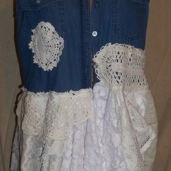 REDUCED...Boho vest duster, sleeveless denim vest, Gypsy, hippy, Stevie Nicks style,lace and denim