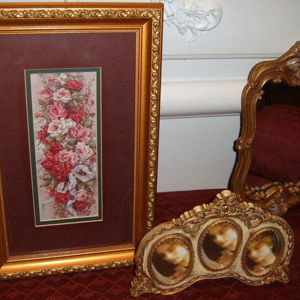 Vintage, Rose Picture, Ornate Gold Frame, GROUPIING,  Triple Photo Frame, Victorian, Mirror Tray, Vanity Tray, Wall Decor, Easel Frame