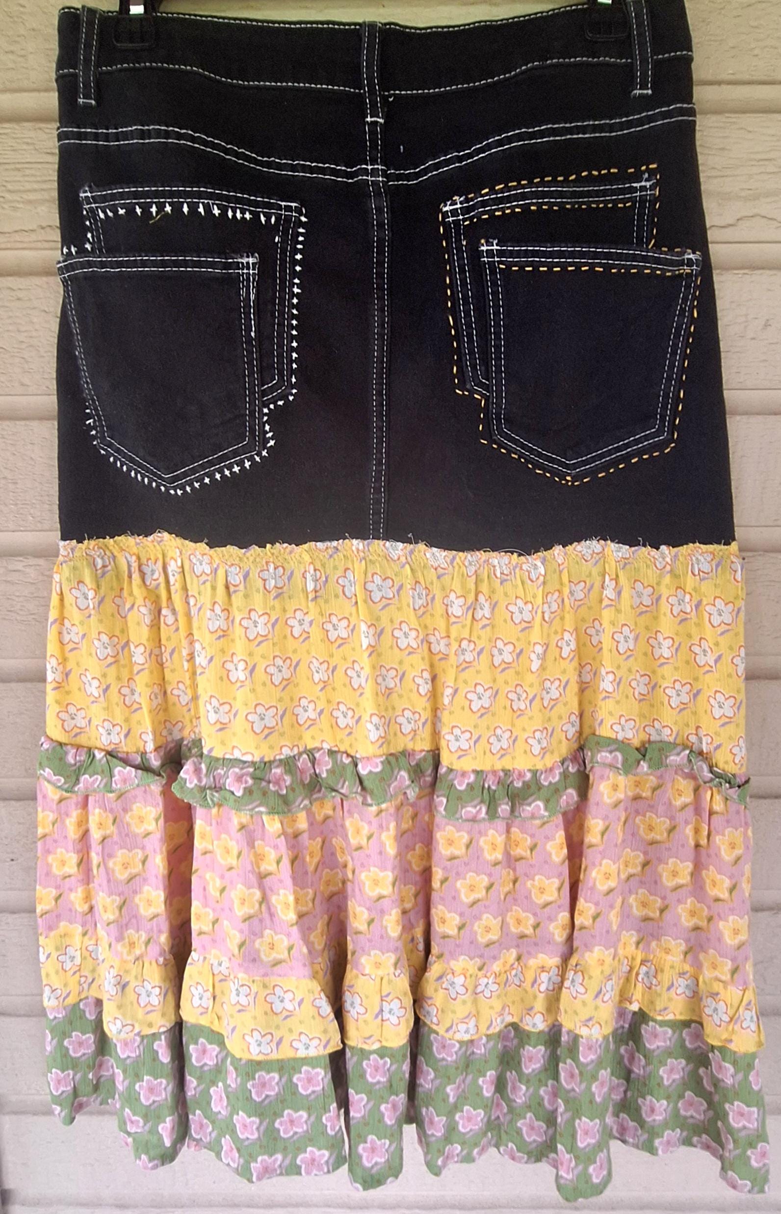 Upcycled boho skirt, black denim, hippy, festival