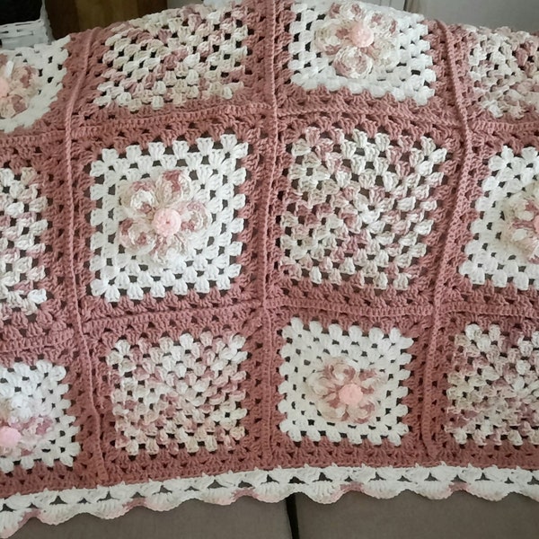 Afghan,Crochet Afghan,  New,  Pink, Sage, Rose,  Afghan, shabby chic, Flower Afghan,  cottage,