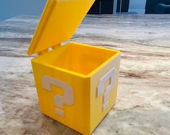 Super Mario Inspired Question Block Box, 3D Printed Storage Container with Lid, Custom Color Mystery Cube, Nintendo Inspired Desk Organizer