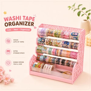 Puede incluir: Un organizador rosa de cinta washi con múltiples rollos de cinta decorativa. El organizador tiene varios niveles para guardar la cinta y una bandeja inferior. El texto en la imagen dice "Washi Tape Organizer" y "Cute, Neat, Organized."