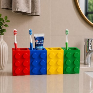 Building Block Toothbrush Holder, Custom Bathroom Organizer, Kids Bathroom Decor, Toothpaste Storage Stand, 3D Printed Gift
