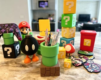 Super Mario-inspirerad pennhållare, Mario-skrivbordsorganisatör, pennhållare, 3D-tryckt spelskrivbordsdekor, Nintendo-inspirerad present