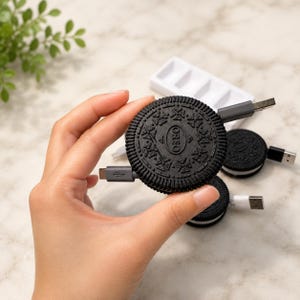 Puede incluir: Un cable de carga USB negro con forma de galleta Oreo con múltiples puertos. El cable tiene un diseño detallado de galleta con el logotipo de Oreo y se sostiene en una mano. Se ven cables adicionales en el fondo.
