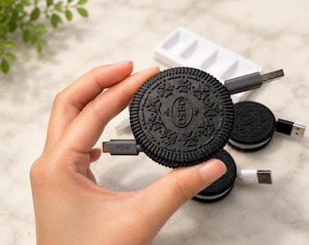 Oreo kabelorganisatör set med 4, 3D-utskriven infällbar sladdhållare, söt kakkabelvinda, laddningskabelorganisatör, sladdlinda för hörlurar