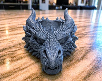 Smyckesfat med drakehuvud, fantasyringhållare, nyckelskål, bricka med allt, gotisk dekor, 3D-utskriven present