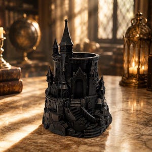 May include: A black castle-shaped decorative container with intricate architectural details, including turrets, arched doorways, and stairways. The container is made of a dark material and sits on a marble-like surface. The overall theme is gothic and fantasy.