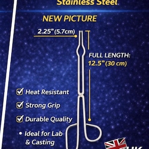 May include: Stainless steel furnace tongs, 12.5 inches (30 cm) long, with a 2.25-inch (5.7 cm) wide head. Features include heat resistance, a strong grip, and durable quality. The text says "Furnace Tongs" and "Stainless Steel."