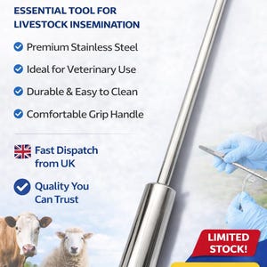 May include: A stainless steel vet baling gun, 54 cm long, for livestock insemination. Features include a comfortable grip handle and is durable and easy to clean. The image also includes the text "BUY NOW".