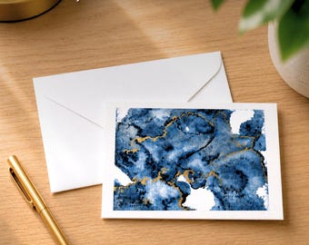 Zestaw niebieskich akwarelowych kartek okolicznościowych, abstrakcyjne kartki inspirowane oceanem, zestaw pustych kartek ręcznie robionych, estetyczne artykuły papiernicze, prezenty, karty z podziękowaniami