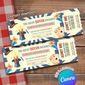 Puede incluir: Dos entradas para "The Great Bryan Presents: A Magical Birthday Show!" con un sombrero de copa, una varita mágica y naipes. Las entradas son azules y amarillas con el texto "Admit One" y "All Access Pass!".