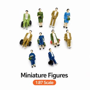 May include: Miniature figures of people in various outfits, including suits and dresses, some carrying luggage. The figures are in different poses, with a white background. The text "Miniature Figures" and "1:87 Scale" are at the bottom.
