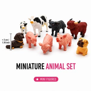 May include: A miniature animal set featuring nine small figures including a black and white cow, a calf, a black bull, a brown highland cow, two pink pigs, a brown dachshund, and a tan pug. A measurement graphic indicates a height of 3 cm.