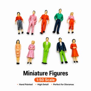 May include: A collection of ten miniature figures, hand-painted in various outfits. The figures are in a variety of poses and outfits, including a pink suit, a green suit, and a red dress. The figures are 1:50 scale.