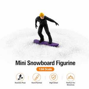 May include: Miniature snowboard figurine in 1:64 scale. The figure is dressed in a black outfit with a yellow hat and goggles, riding a purple snowboard on a white surface. The text "Mini Snowboard Figurine" is displayed.