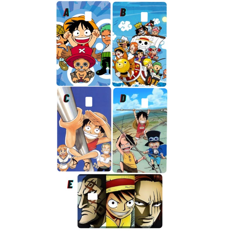 May include: A collection of colorful phone cases featuring various characters from the anime series One Piece. Each case showcases a different scene with vibrant illustrations of the characters in action, set against a blue background.
