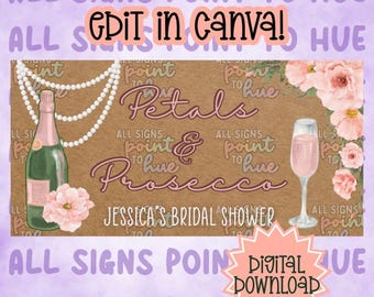 Plantilla de banner para despedida de soltera con pétalos y prosecco (edición en Canva, descarga digital)