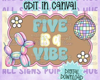 Plantilla de banner "Five is a Vibe" / Fiesta de 5.º cumpleaños / Editable en Canva (Descarga digital)