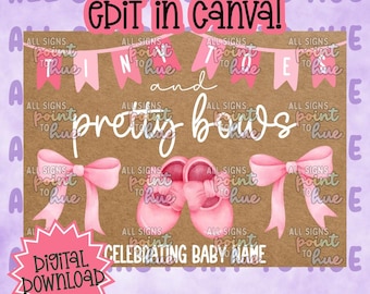 Plantilla de pancarta rosa para baby shower / Deditos, lazos bonitos (descarga digital, edición en Canva)