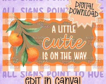 Plantilla de maqueta para baby shower con temática de naranja pequeña (edición en Canva, descarga digital)