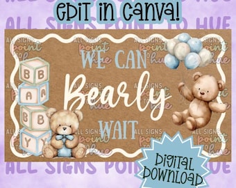 Plantilla de banner para baby shower "Oso espera" para bebé niño (edición en Canva, descarga digital)