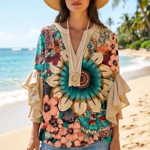 May include: A floral print blouse with a large teal and beige flower design. The blouse has ruffled sleeves and a V-neck. The person is wearing a straw hat and a pearl necklace. The person is also wearing blue jeans.