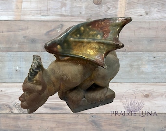 Signed Raku Fired Gargoyle Sculpture | Winged Fantasy Ceramic Art, Gothic Decor