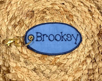Custom Embroidered Circular Bag Tag | Gold Clasp Name Keychain