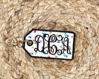 Custom Embroidered Monogram Bag Charm | Personalized Floral Initial Keychain | Script Font Name Tag