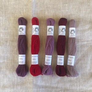 May include: Five skeins of embroidery thread arranged in a row, featuring colors of dark plum, bright red, mauve, deep burgundy, and light taupe. Each skein has a white paper label with a circular logo and the text 2454, 2924, 2452, 2926, or 3042.