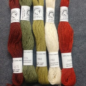 May include: Five spools of embroidery floss in different colors: red, green, olive green, white, and orange. Each spool has a label with the brand name "Fine Dauphinoise", the color number, and the words "Pure Laine/Wool" and "Colour Fast Grand Teint".