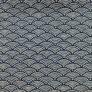 May include: A repeating pattern of white, semi-circular shapes on a dark blue background. The design resembles stylized waves or scallop shells, creating a textured, all-over print. The fabric has a subtle, natural texture.