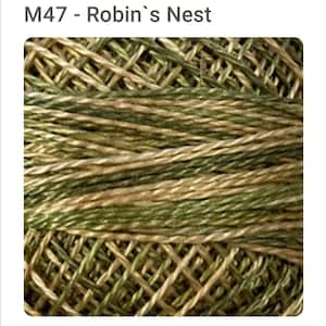 Valdani Pearl Cotton Thread/ Size 12/ color number is M47/ Robin's Nest--Very soft colors: limes dusty rose and cream/ Wool applique/ thread