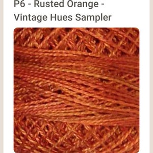May include: Close-up of a skein of rusty orange yarn. The yarn is a blend of fibers and has a subtle sheen. P6 - Rusted Orange - Vintage Hues Sampler.