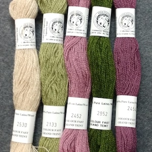 May include: Five skeins of 100% pure wool yarn in various colors, including beige, green, pink, and a darker shade of pink. Each skein has a label with the brand name "Fine Daubigny", the collection name "Route", and a color number. The labels also state "Pure Laine/Wool" and "Colour Fast Grand Teint".