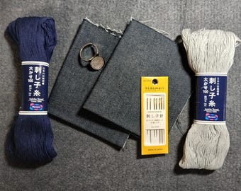 Sashiko Mending Kit: Denim Patches, Needles, Cotton Thread