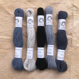 French Merino Wool Floss: Embroidery Thread, Gray, Cream, Blue (5 Skeins)