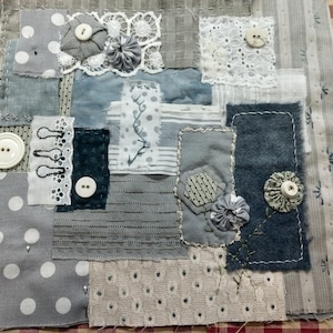 Slow Stitch Kit/Boro Collage kit/Collage/gray and blue collage/mindful stitching/fabric collage/textile art/ sashiko stitching/Junk Journal