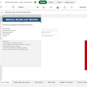 Peut inclure: Une interface de feuille de calcul avec le titre "MEDICAL BILLING A/R TRACKER" dans un en-tête bleu. Le document comprend des sections pour le nom de la marque, le mois de déclaration et la version. Une case rouge avec le texte "CLEAR DATA (Click Here)" est à droite.