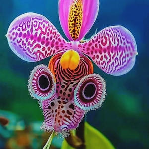 May include: A close-up of a vibrant orchid flower with a unique shape and color pattern. The flower features a large, pink petal at the top and multiple petals with purple spots. The center has yellow and orange details.