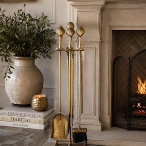 Vintage Brass Fireplace Tool Set with Shell Finials