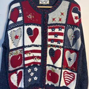 Vintage Pattlook Strickjacke USA Flagge Herzen Lehrer Größe L